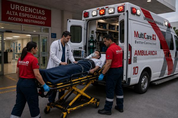 Médico y paramédicos de MultiCare A+1 trasladando a un paciente con ventilador y monitor al acceso de alta especialidad de un hospital