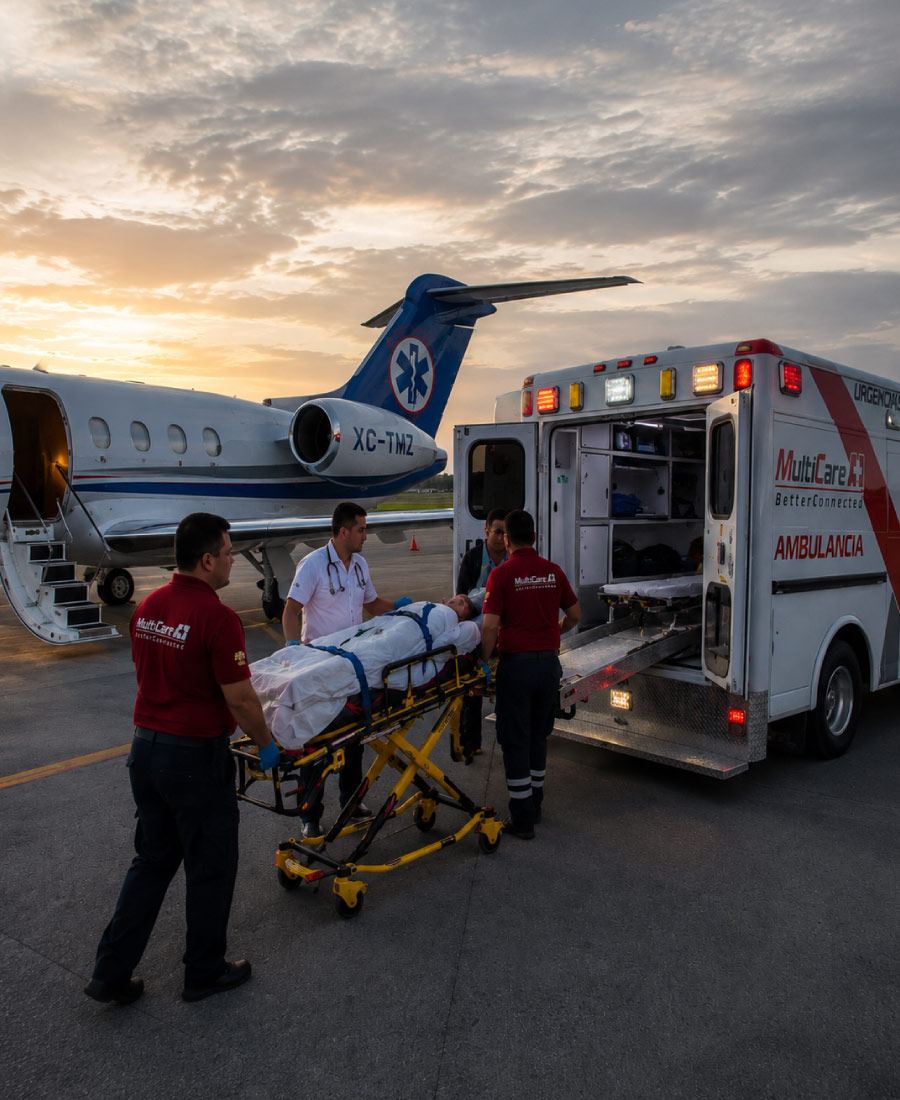 Tripulación de MultiCare A+1 realizando el enlace terrestre entre el avión ambulancia y la unidad en la pista