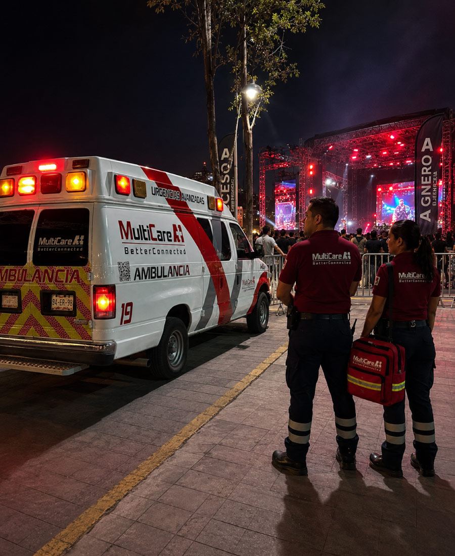 Ambulancia y paramédicos de MultiCare A+1 en guardia durante la cobertura médica de un evento masivo