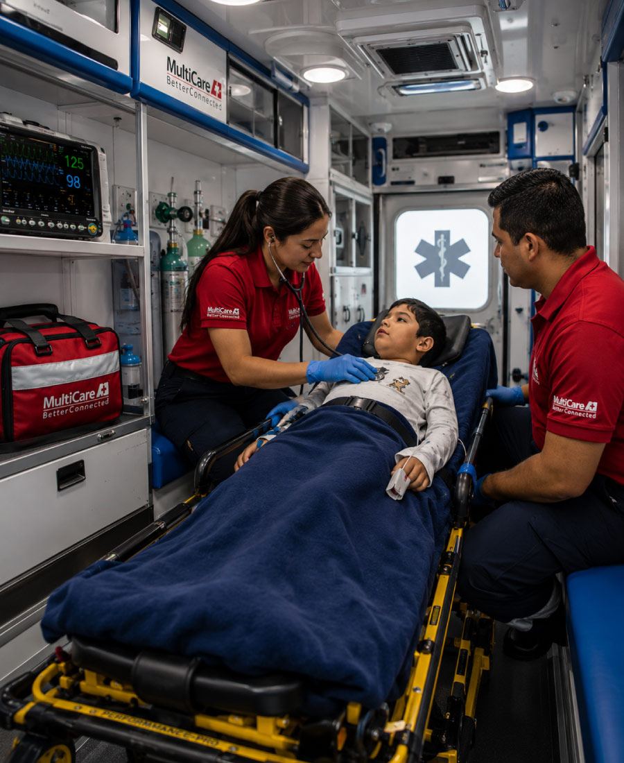 Paramédica de MultiCare A+1 auscultando a un paciente pediátrico en la camilla dentro de la ambulancia