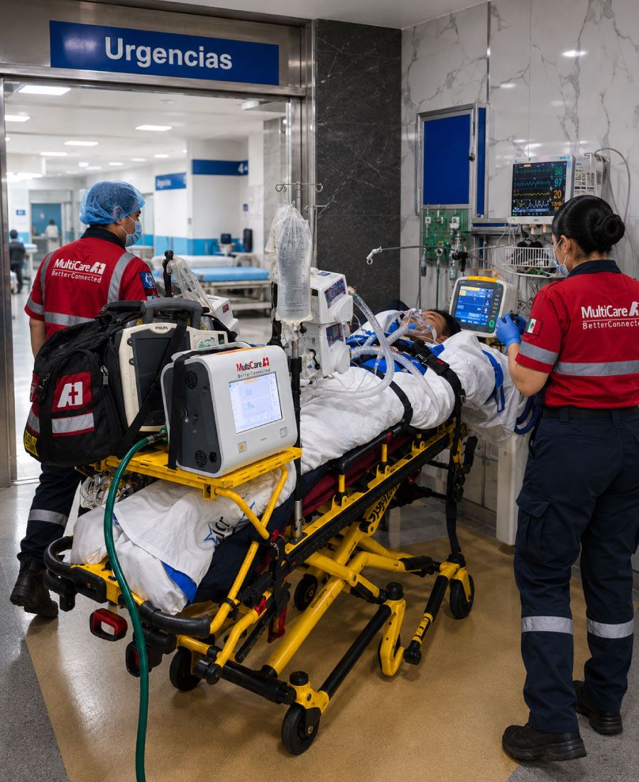 Personal de MultiCare A+1 trasladando a un paciente crítico con ventilador y monitorización avanzada hacia el área de urgencias
