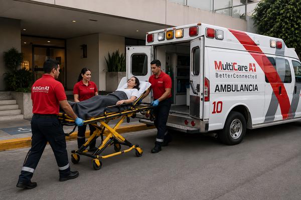 Tripulación de MultiCare A+1 subiendo a una paciente en camilla a la ambulancia para un traslado programado