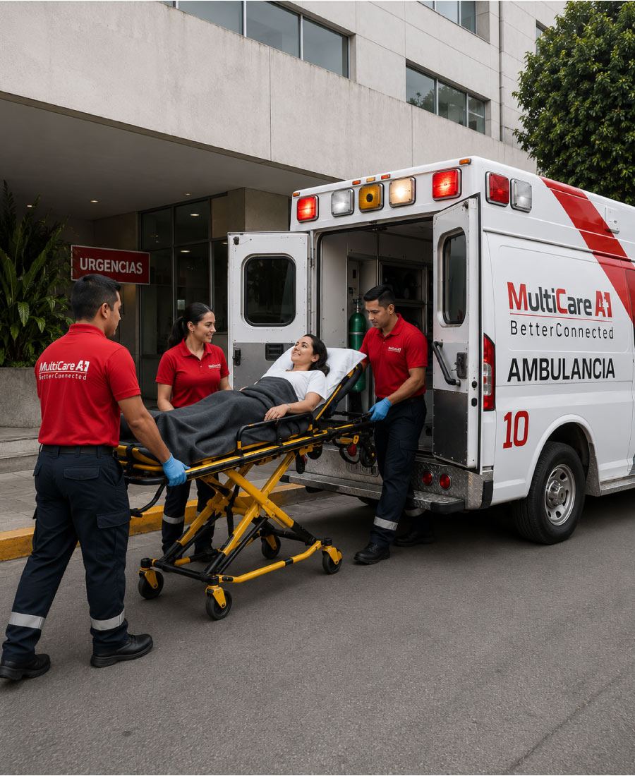 Tripulación de MultiCare A+1 subiendo a una paciente en camilla a la ambulancia para un traslado programado