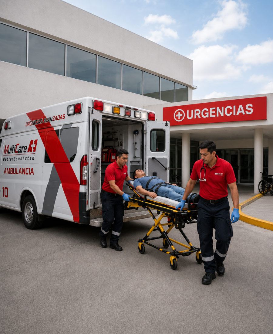 Paramédicos de MultiCare A+1 trasladando a un paciente en camilla hacia el área de urgencias de un hospital